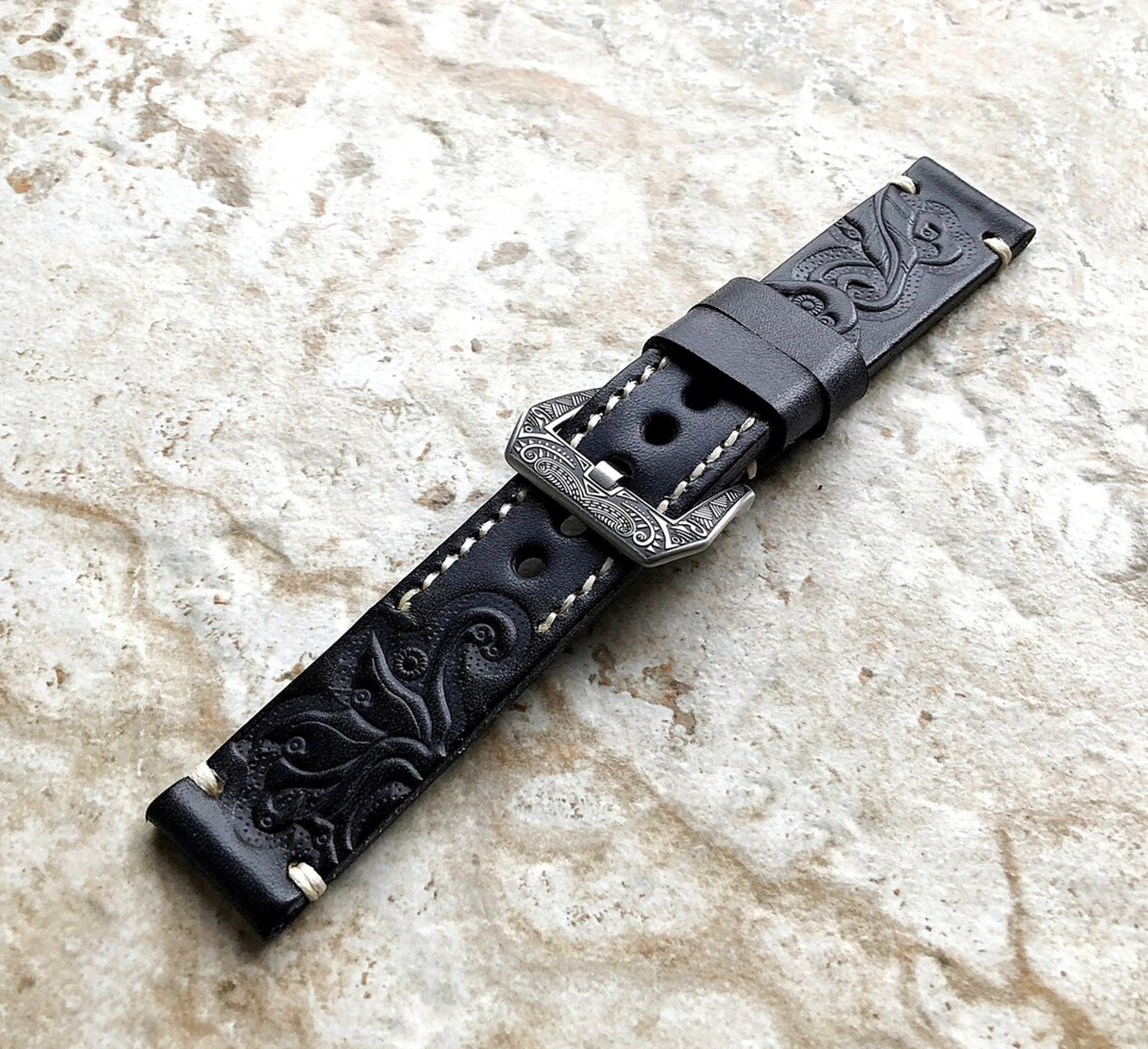 Google Pixel Watch 3 2 1 41mm Band Black and Gray Embossed Genuine Leather Bracelet Wristband Strap Fashion Accessory Tech Jewelry B20-A