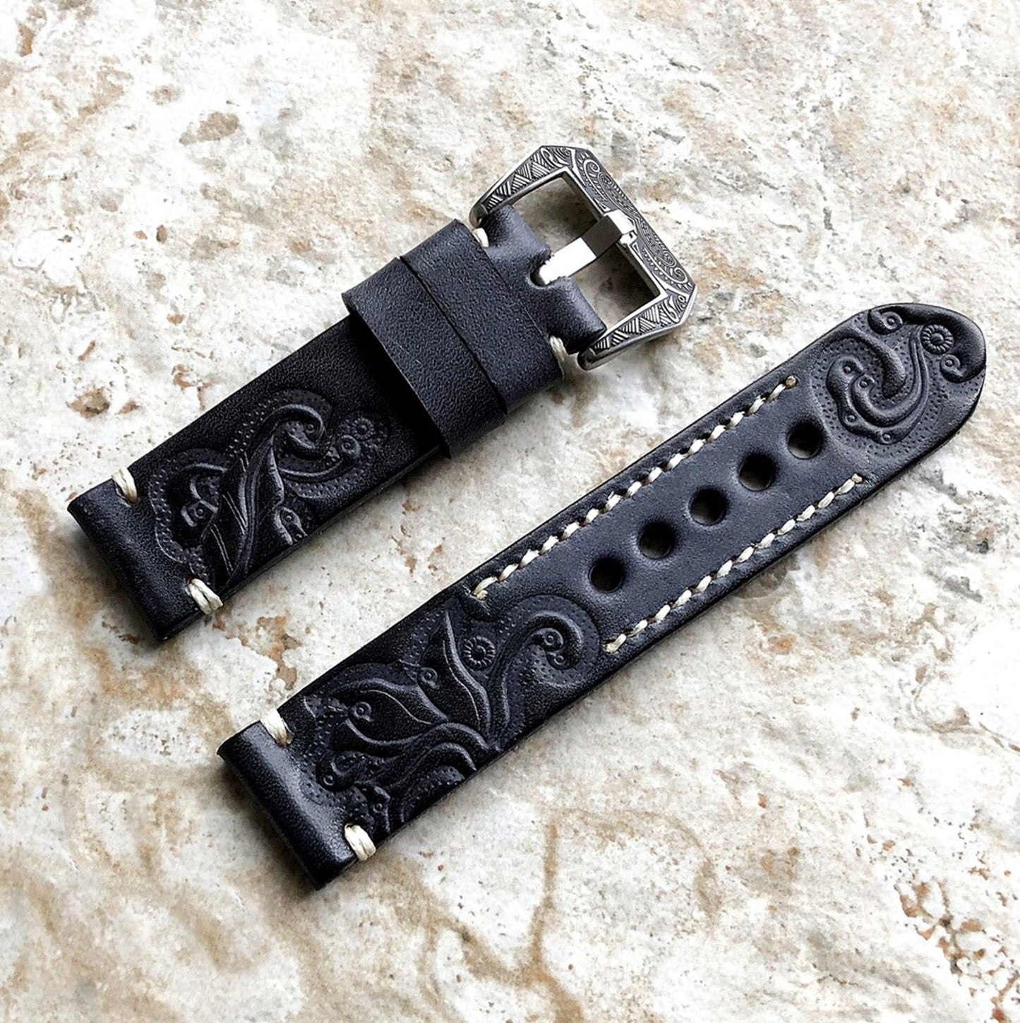 Google Pixel Watch 3 2 1 41mm Band Black and Gray Embossed Genuine Leather Bracelet Wristband Strap Fashion Accessory Tech Jewelry B20-A