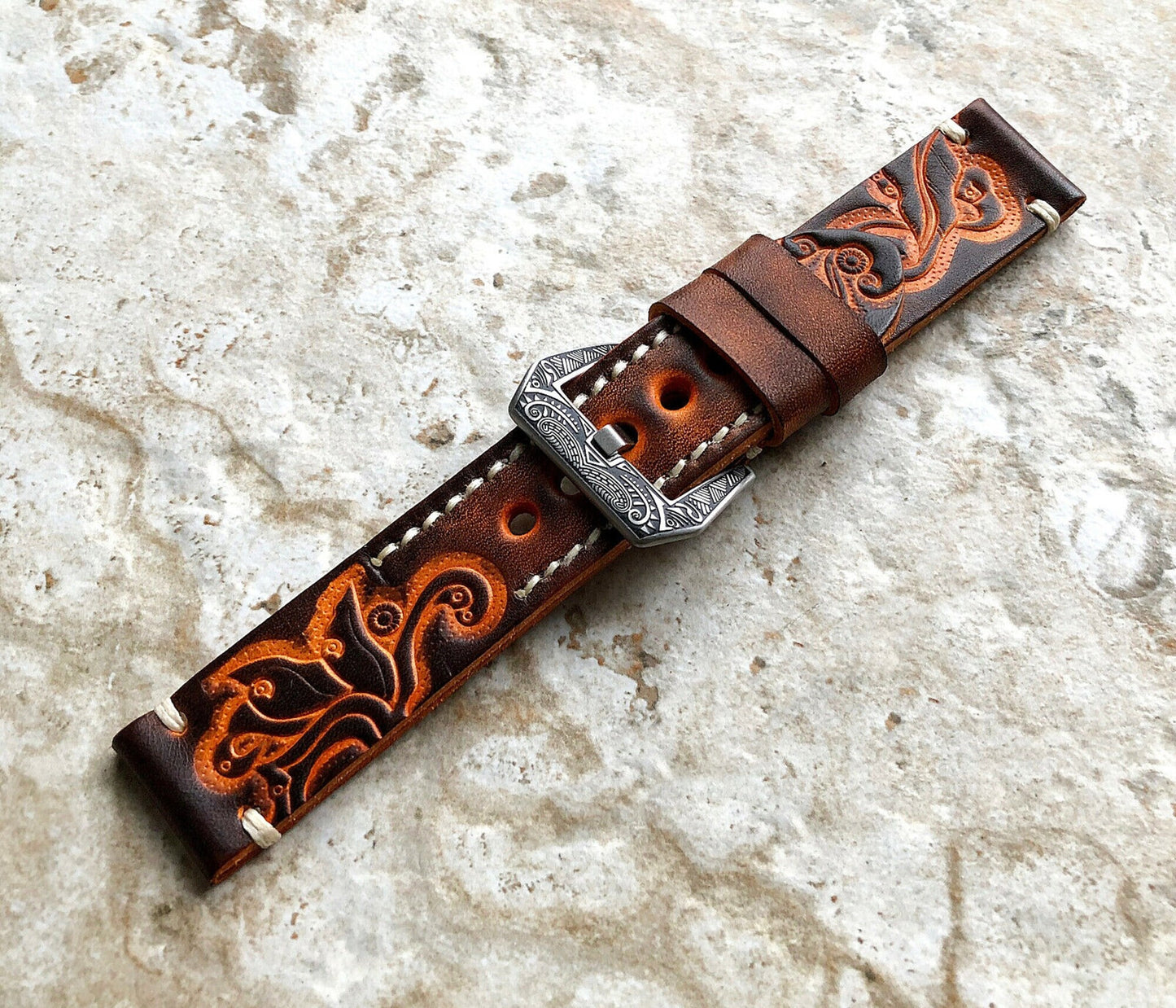 Google Pixel Watch 3 2 1 41mm Band Brown and Orange Embossed Genuine Leather Bracelet Wristband Strap Fashion Accessory Tech Jewelry B20-A