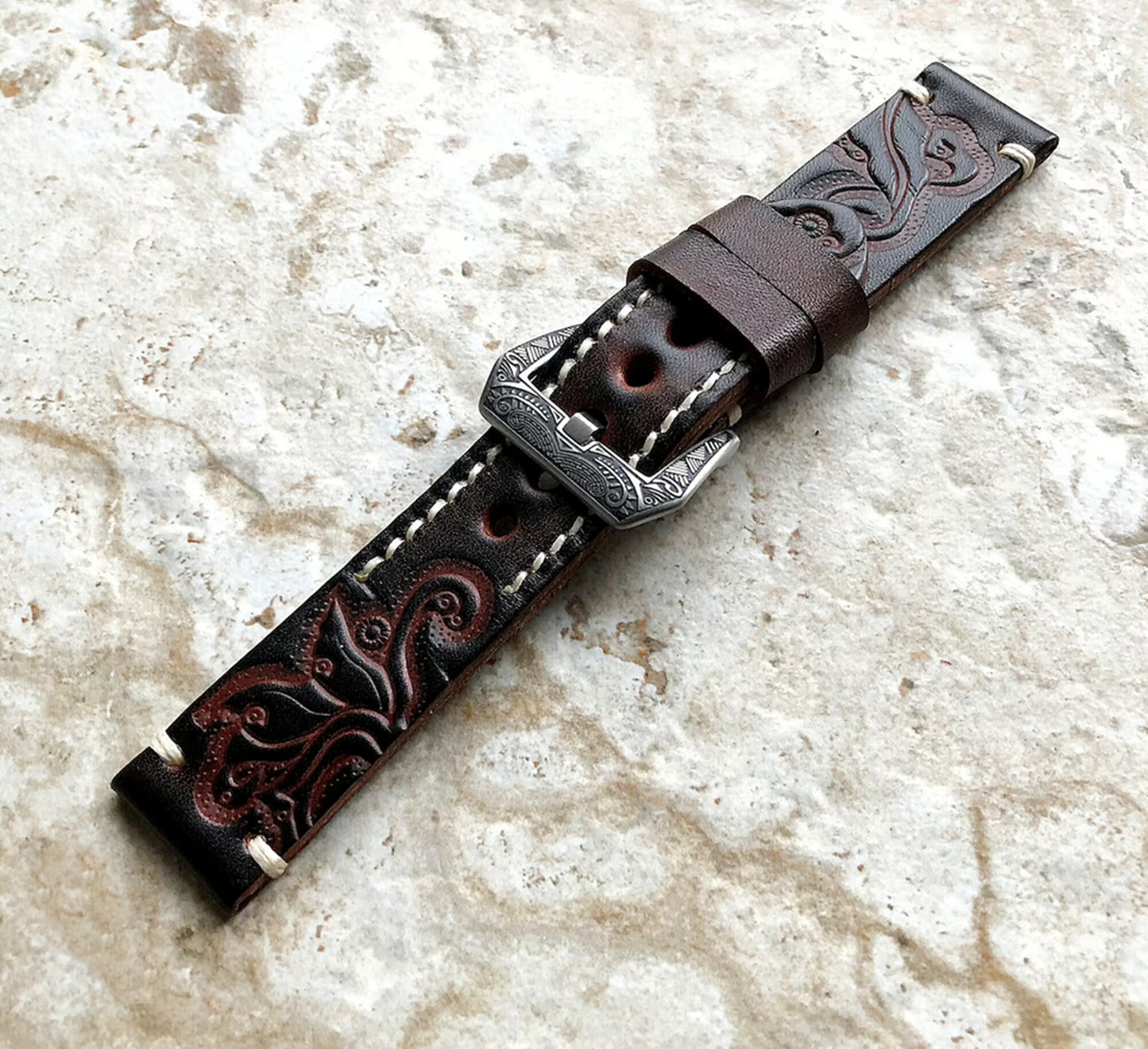 Google Pixel Watch 3 2 1 41mm Band Dark Brown Embossed Genuine Leather Bracelet Wristband Tooled Strap Fashion Accessory Tech Jewelry B20A