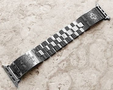 Apple Watch Band Fleur De Lis for Ultra 2 49mm 45mm 44mm 42mm 41mm 40mm 38mm 9 8 7 SE 6 5 4 3 2 Engraved St Steel Adjust Polished Cuff Strap