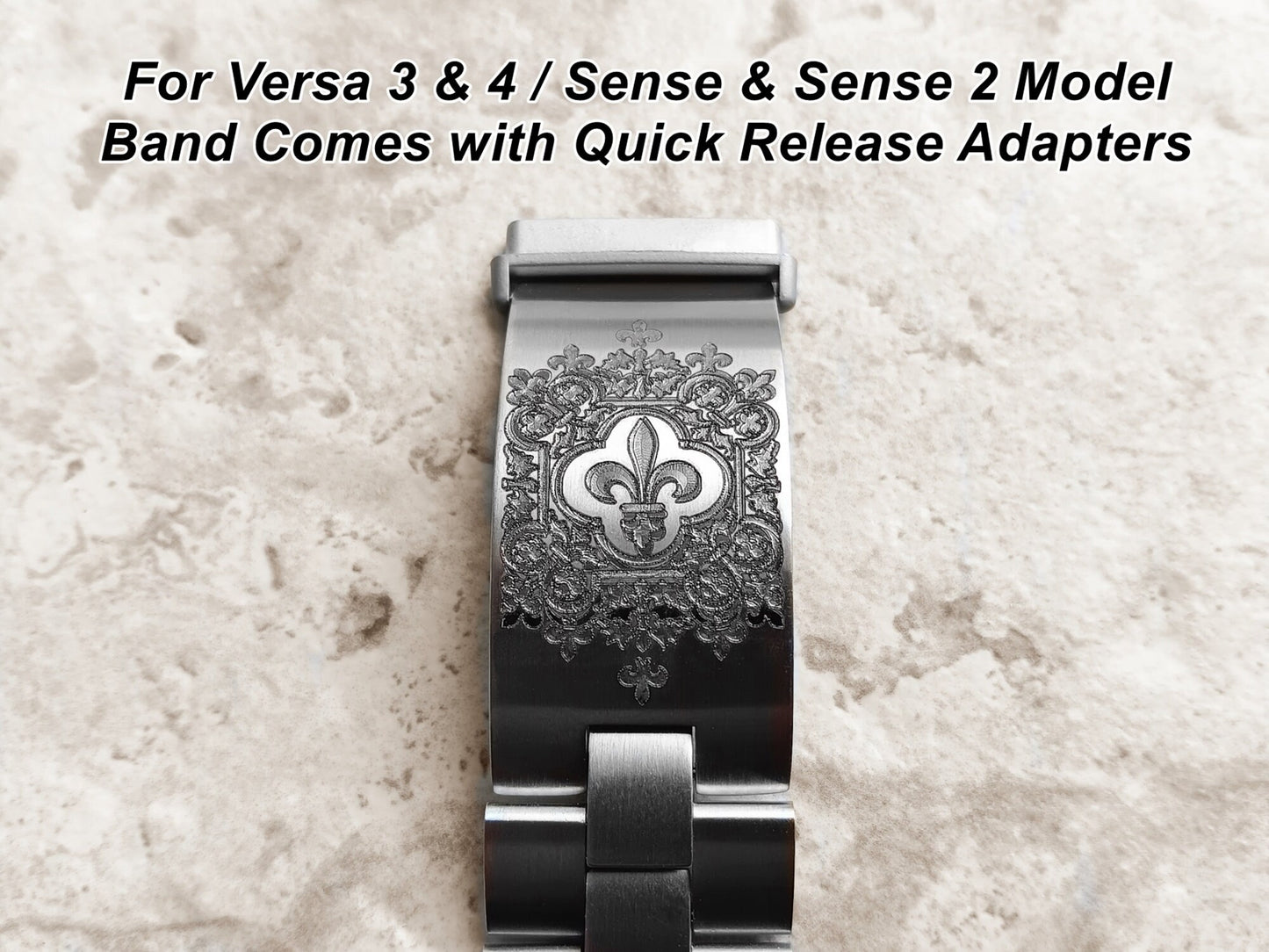 Fitbit Watch Band Fleur De Lis for Versa Lite 2 3 4 and Sense 1 2 Smartwatches Engraved Stainless Steel Adjustable Bracelet Cuff Strap
