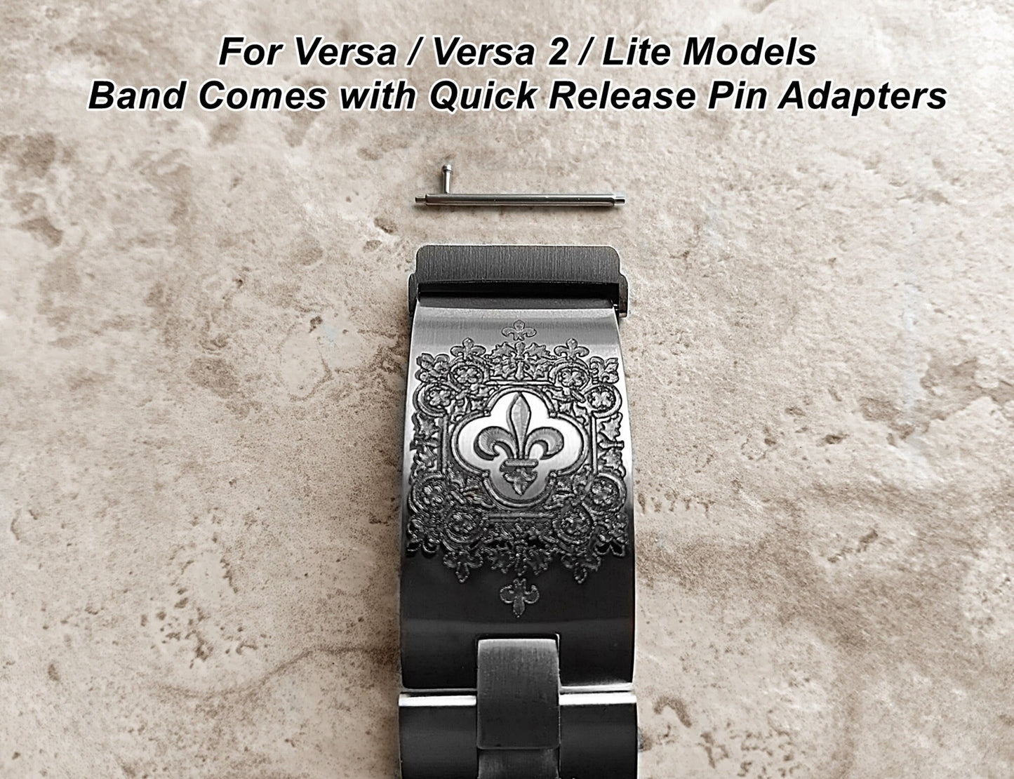 Fitbit Watch Band Fleur De Lis for Versa Lite 2 3 4 and Sense 1 2 Smartwatches Engraved Stainless Steel Adjustable Bracelet Cuff Strap