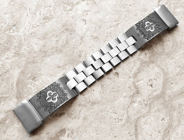Garmin Watch Band Fleur De Lis for Fenix 7X Pro 6X Pro 5X Descent Mk3i 51mm Mk2i Mk2 Enduro 2 Engraved St Steel Adjustable Cuff Strap A26