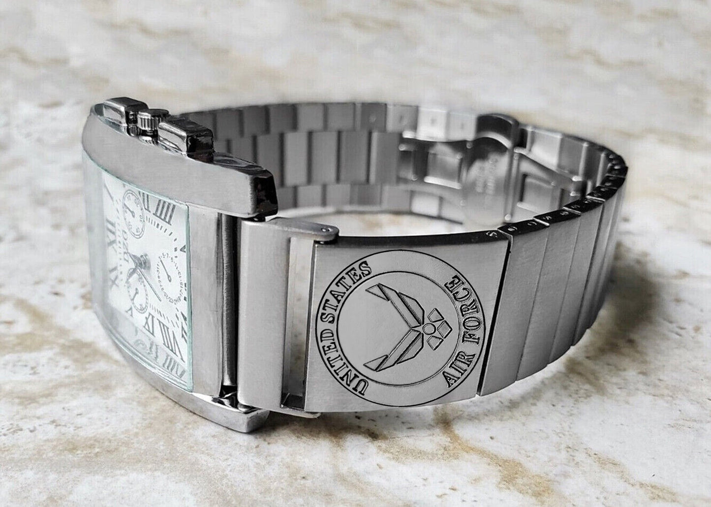 US Air Force Engraved Band for 22mm 24mm 25mm Lugs Traditional Casual Luxury and Smartwatches Silver Stainless Steel Bracelet Strap AF3