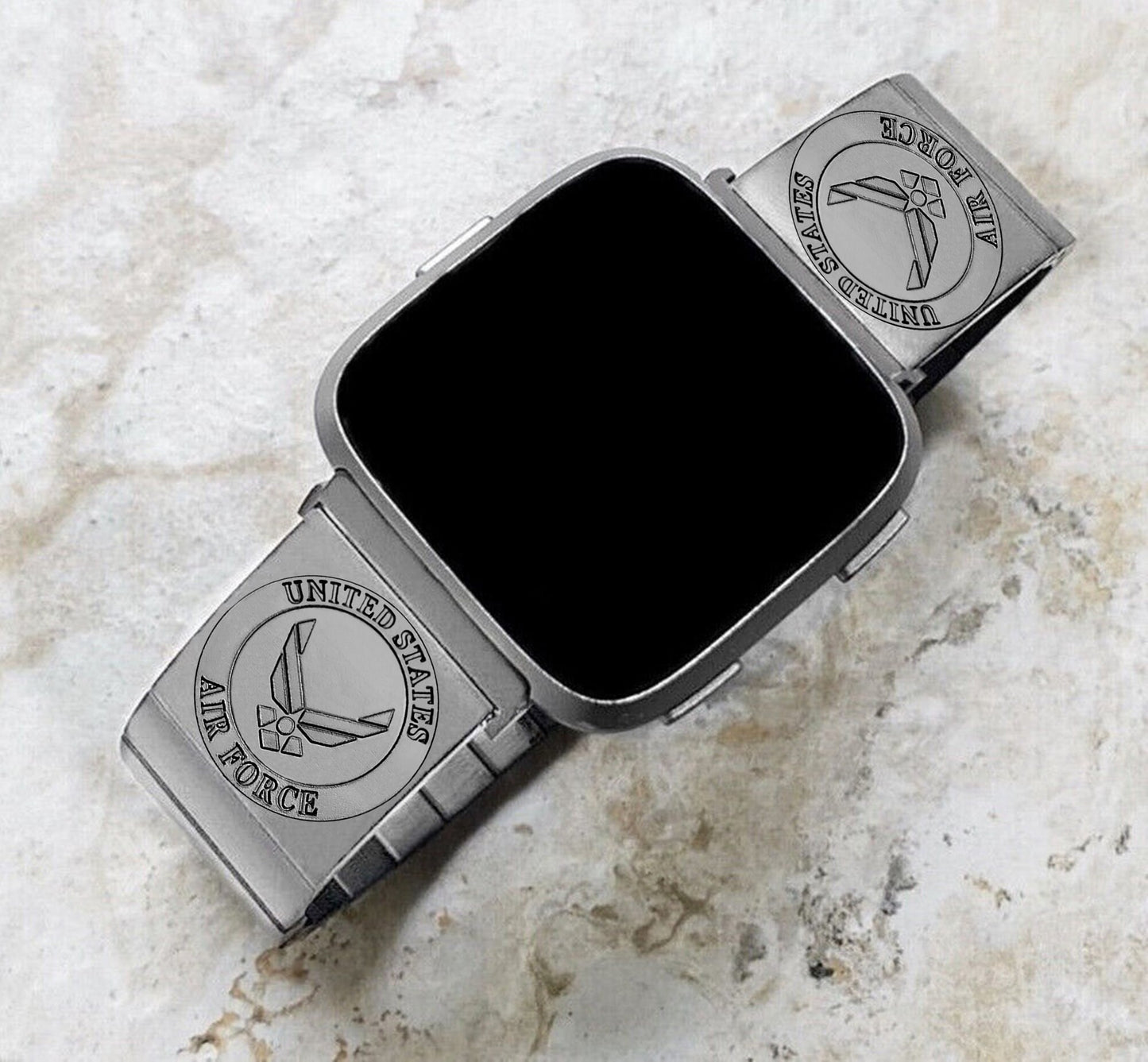 US Air Force Engraved Watch Band Compatible with Fitbit Versa Lite 2 3 4 and Sense 2 Smartwatches Silver Stainless Steel Bracelet Strap AF3