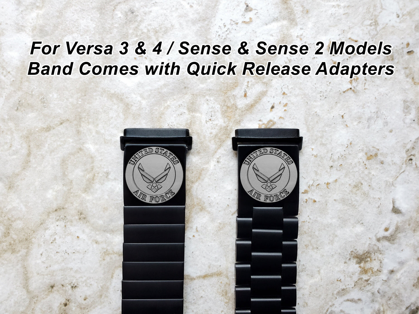 US Air Force Engraved Watch Band Compatible with Fitbit Versa Lite 2 3 4 and Sense 1 2 Smartwatches Black Stainless Steel Bracelet Strap AF3