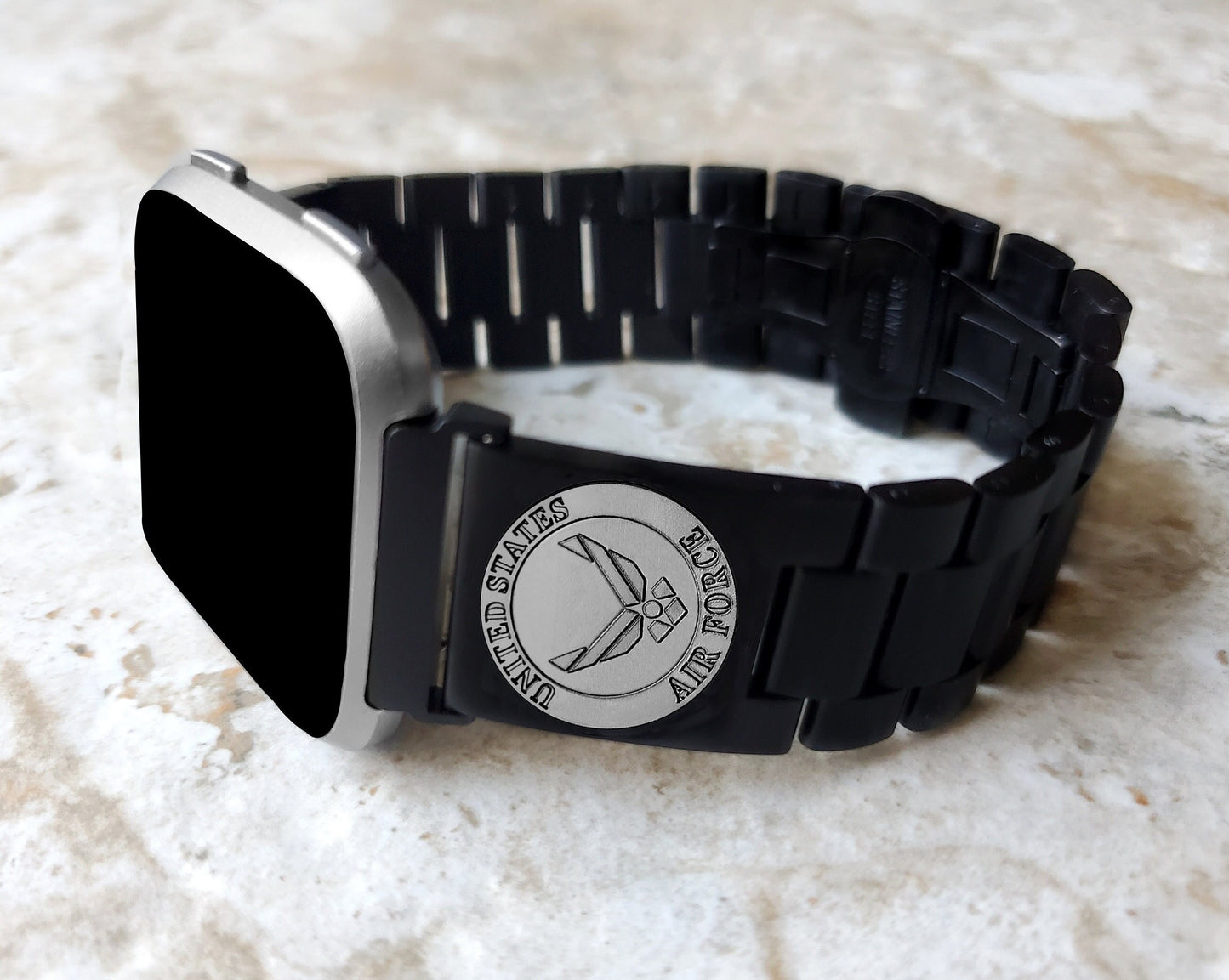 US Air Force Engraved Watch Band Compatible with Fitbit Versa Lite 2 3 4 and Sense 1 2 Smartwatches Black Stainless Steel Bracelet Strap AF3