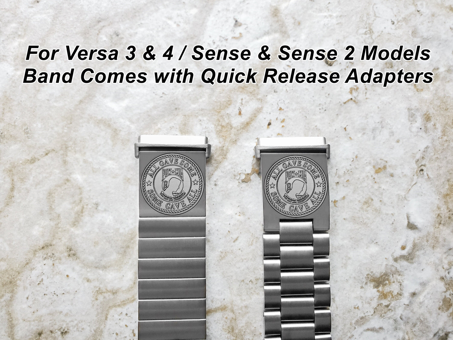 POW MIA Engraved Watch Band Compatible with Fitbit Versa Lite 2 3 4 and Sense 1 2 Smartwatches Silver Stainless Steel Bracelet Strap PM1