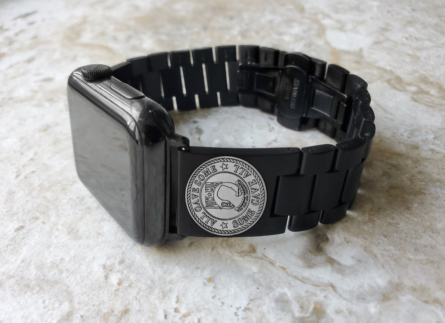 POW MIA Engraved Band for Apple iWatch Ultra 2 9 8 7 SE 6 5 4 3 2 1 Case 38mm 40mm 41mm 42mm 44mm 45mm 49mm Black Stainless Steel Strap PM1