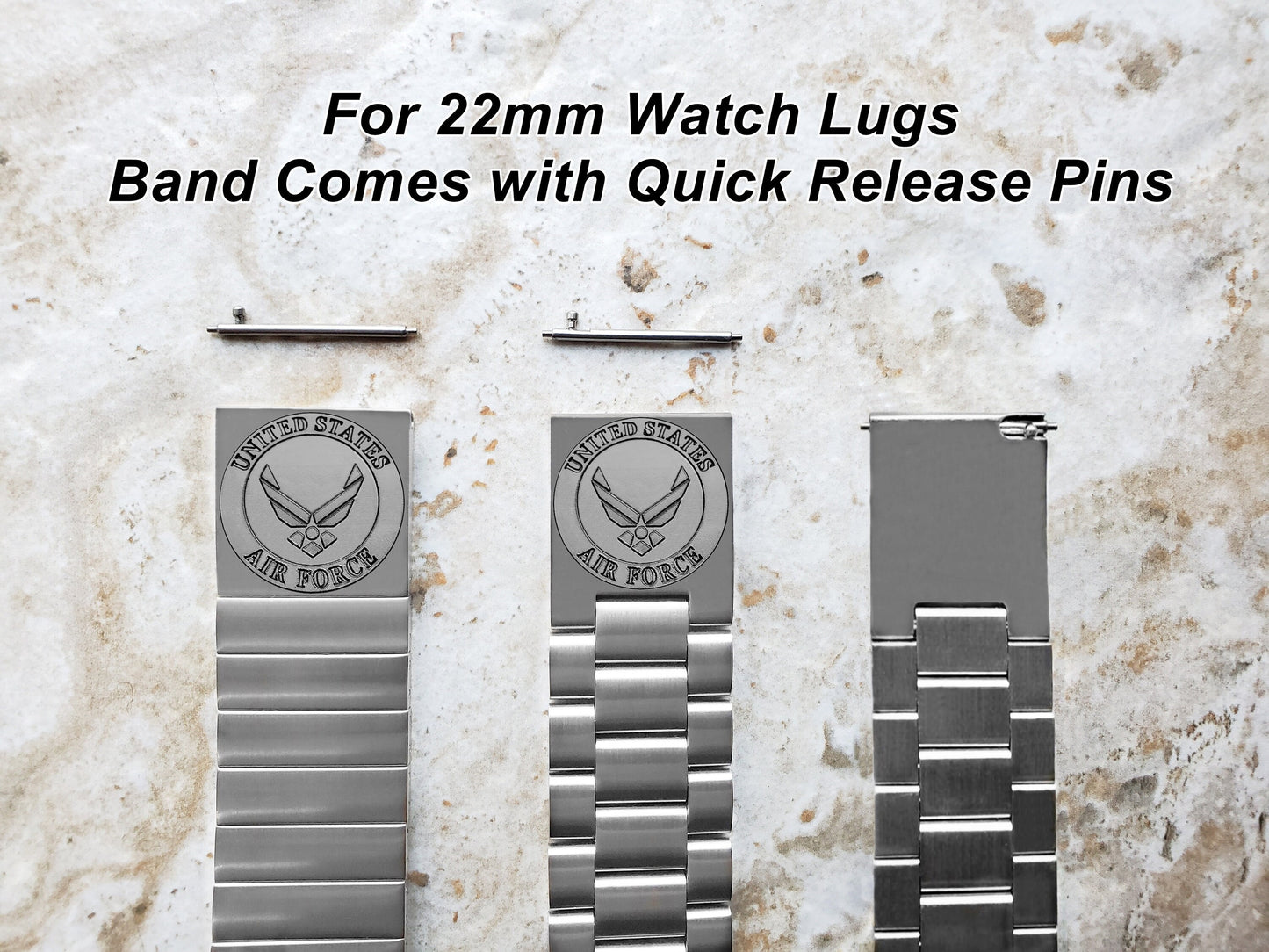 US Air Force Engraved Band for 22mm 24mm 25mm Lugs Traditional Casual Luxury and Smartwatches Silver Stainless Steel Bracelet Strap AF3