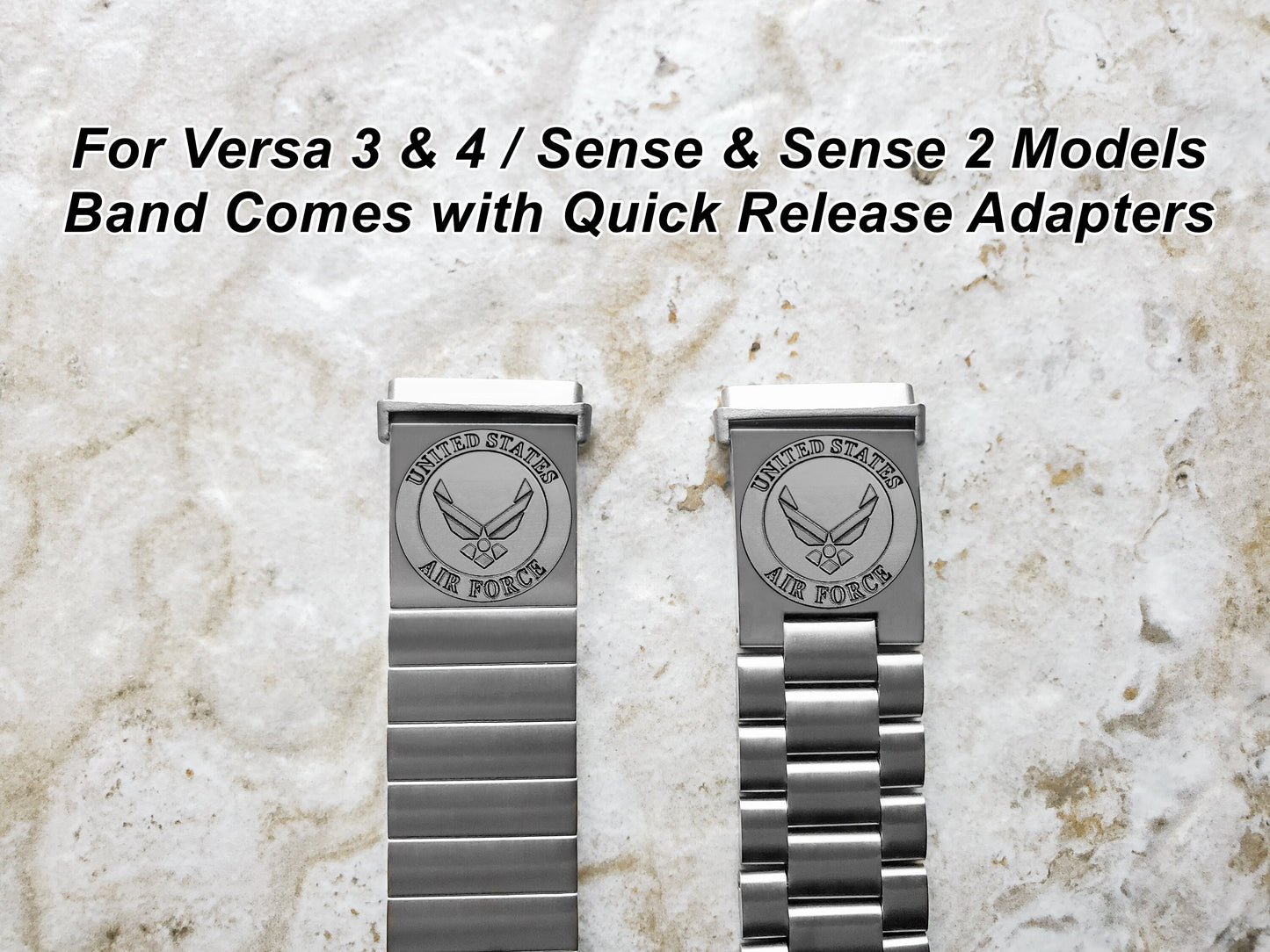 US Air Force Engraved Watch Band Compatible with Fitbit Versa Lite 2 3 4 and Sense 2 Smartwatches Silver Stainless Steel Bracelet Strap AF3