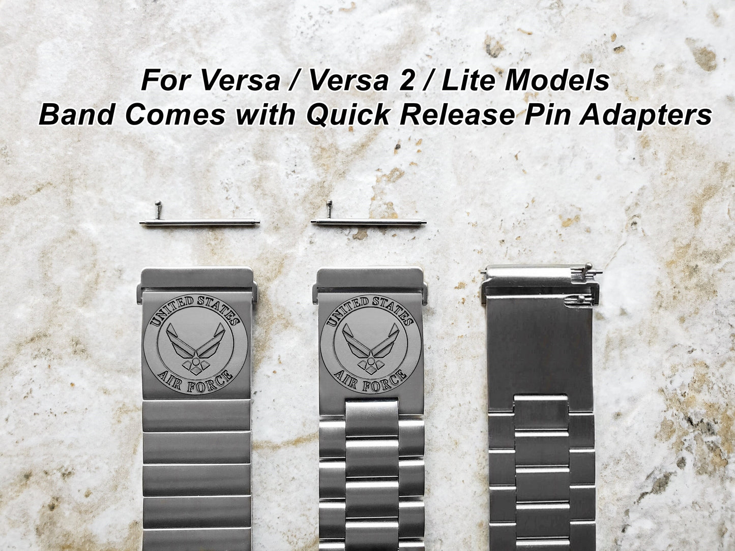 US Air Force Engraved Watch Band Compatible with Fitbit Versa Lite 2 3 4 and Sense 2 Smartwatches Silver Stainless Steel Bracelet Strap AF3