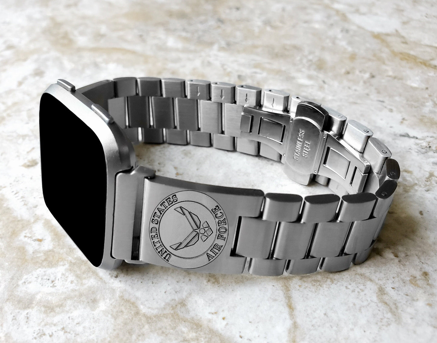 US Air Force Engraved Watch Band Compatible with Fitbit Versa Lite 2 3 4 and Sense 2 Smartwatches Silver Stainless Steel Bracelet Strap AF3