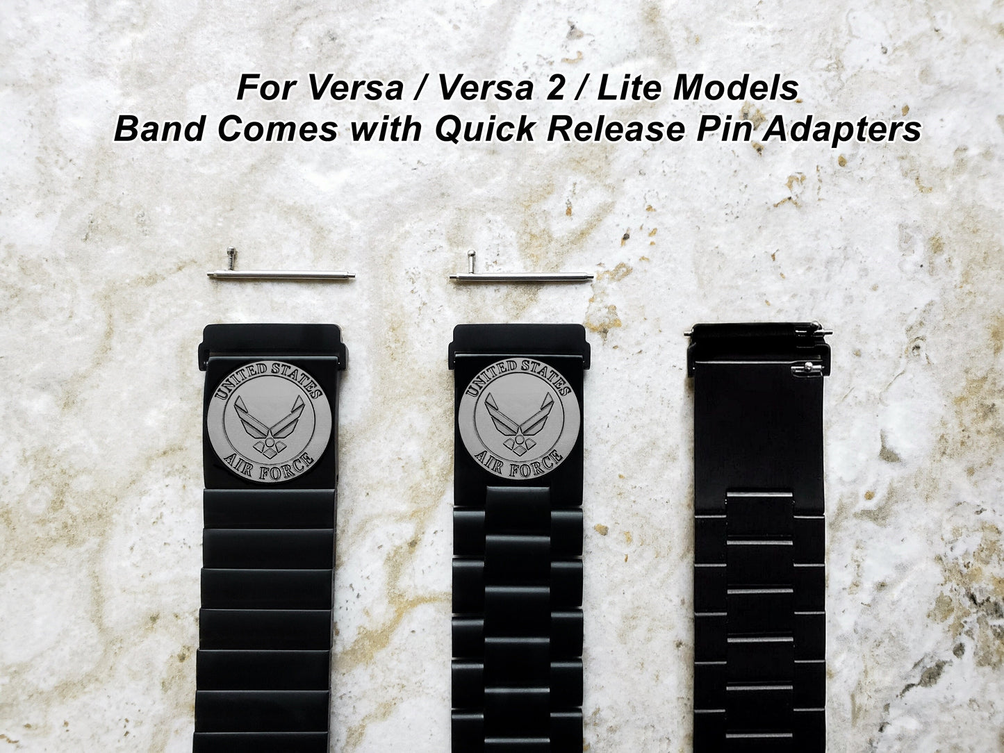 US Air Force Engraved Watch Band Compatible with Fitbit Versa Lite 2 3 4 and Sense 1 2 Smartwatches Black Stainless Steel Bracelet Strap AF3