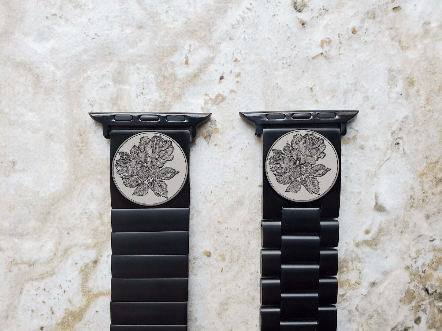 Roses Floral Engraved Band for Apple iWatch Ultra 2 9 8 7 SE 6 5 4 3 2 Case 38mm 40 41 42mm 44mm 45mm 49mm Black Stainless Steel Strap RS1