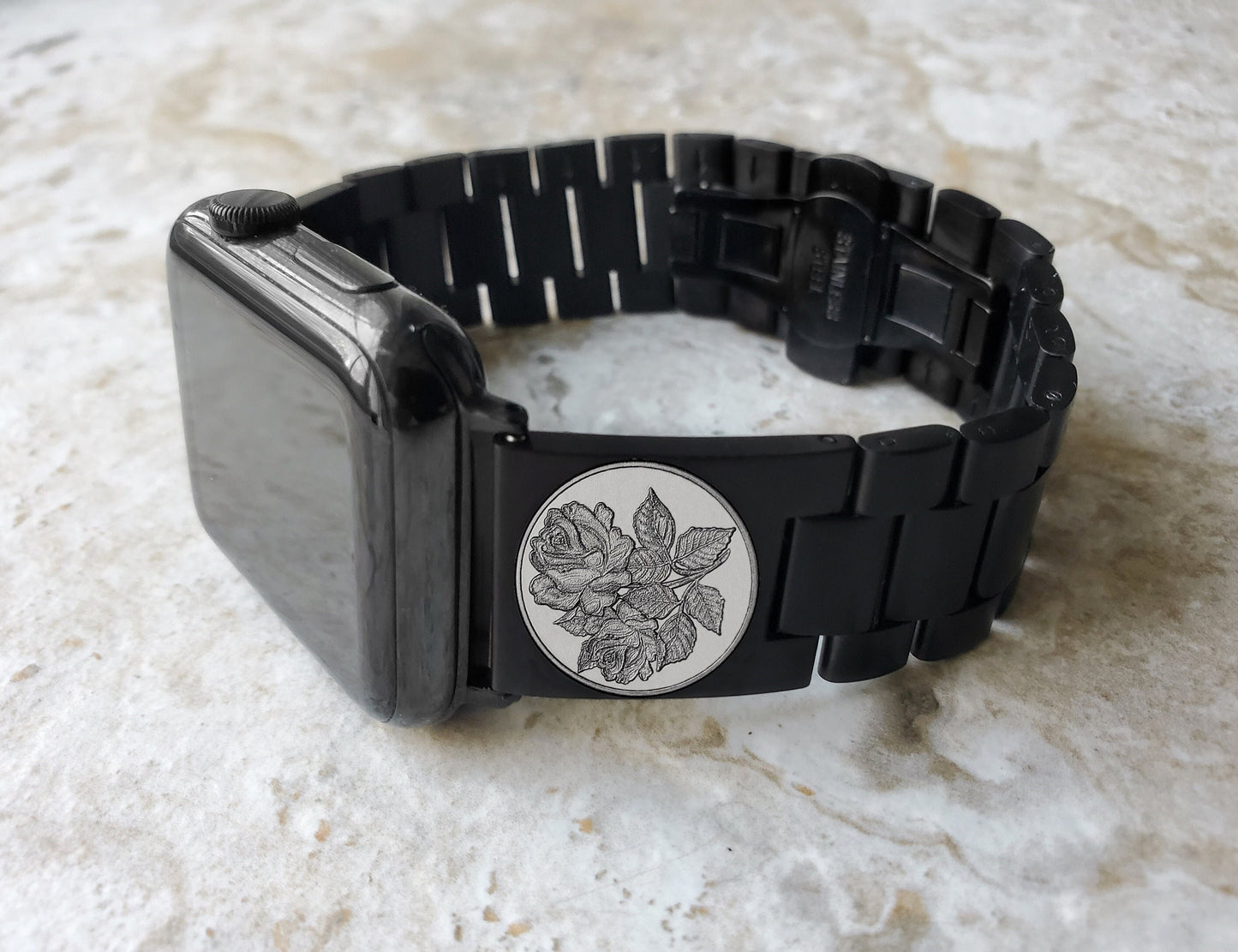 Roses Floral Engraved Band for Apple iWatch Ultra 2 9 8 7 SE 6 5 4 3 2 Case 38mm 40 41 42mm 44mm 45mm 49mm Black Stainless Steel Strap RS1