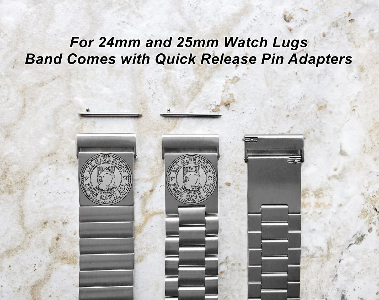 POW MIA Engraved Band for 22mm 24mm 25mm Lugs Traditional Casual Luxury and Smartwatches Silver Color Stainless Steel Bracelet Strap PM1