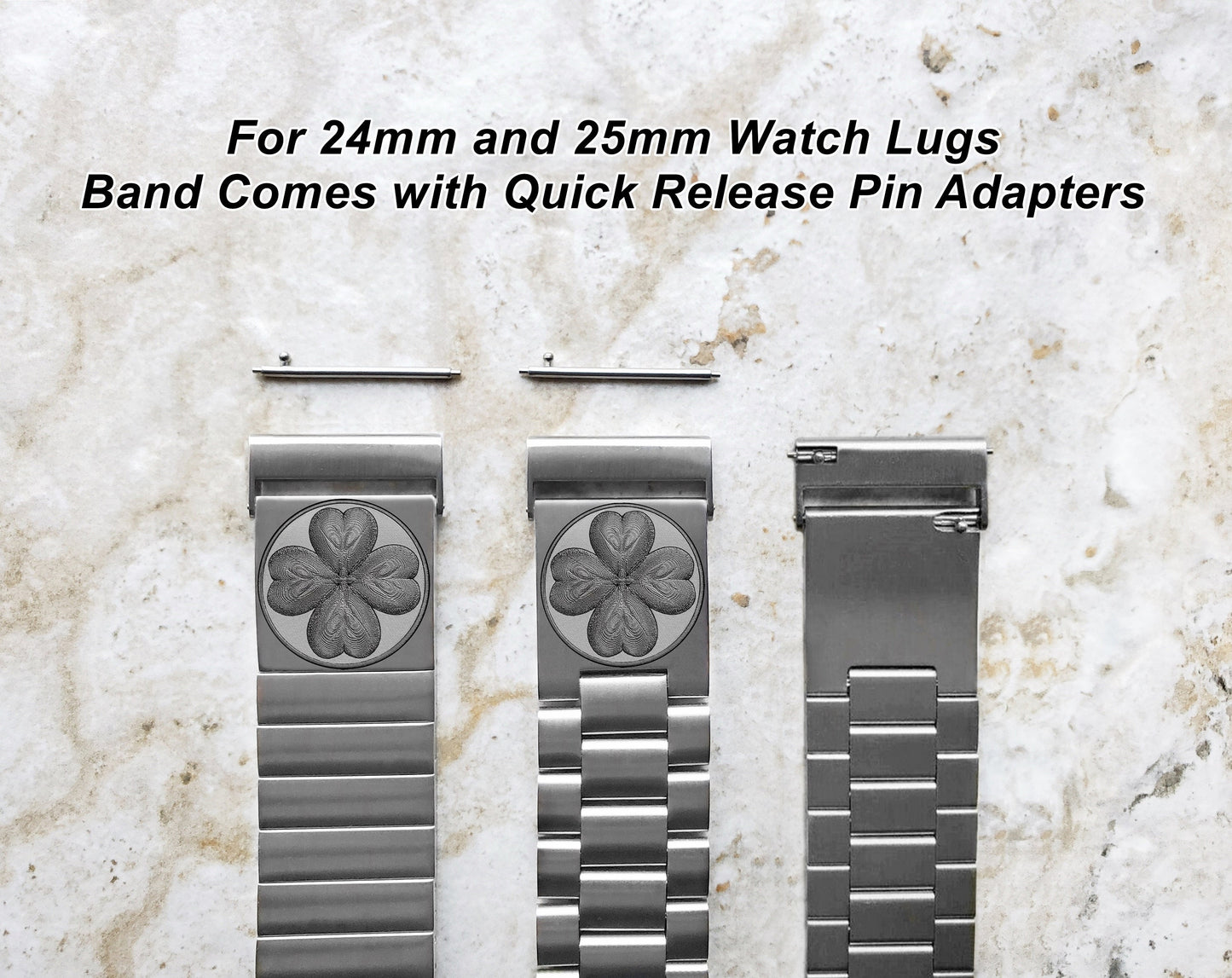 Four Leaf Clover Engraved Band for 22mm 24mm 25mm Lugs Traditional Casual Luxury and Smartwatches Silver Color Stainless Steel Strap SR1
