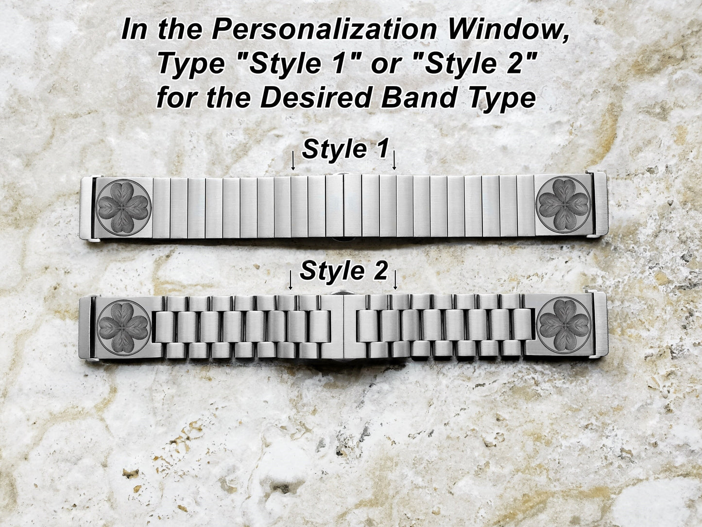 Four Leaf Clover Engraved Watch Band Compatible with Fitbit Versa Lite 2 3 4 and Sense 1 2 Smartwatches Silver St Steel Bracelet Strap SR1