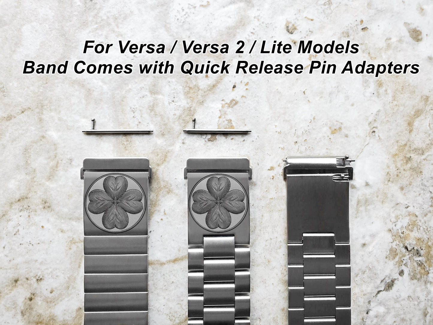 Four Leaf Clover Engraved Watch Band Compatible with Fitbit Versa Lite 2 3 4 and Sense 1 2 Smartwatches Silver St Steel Bracelet Strap SR1