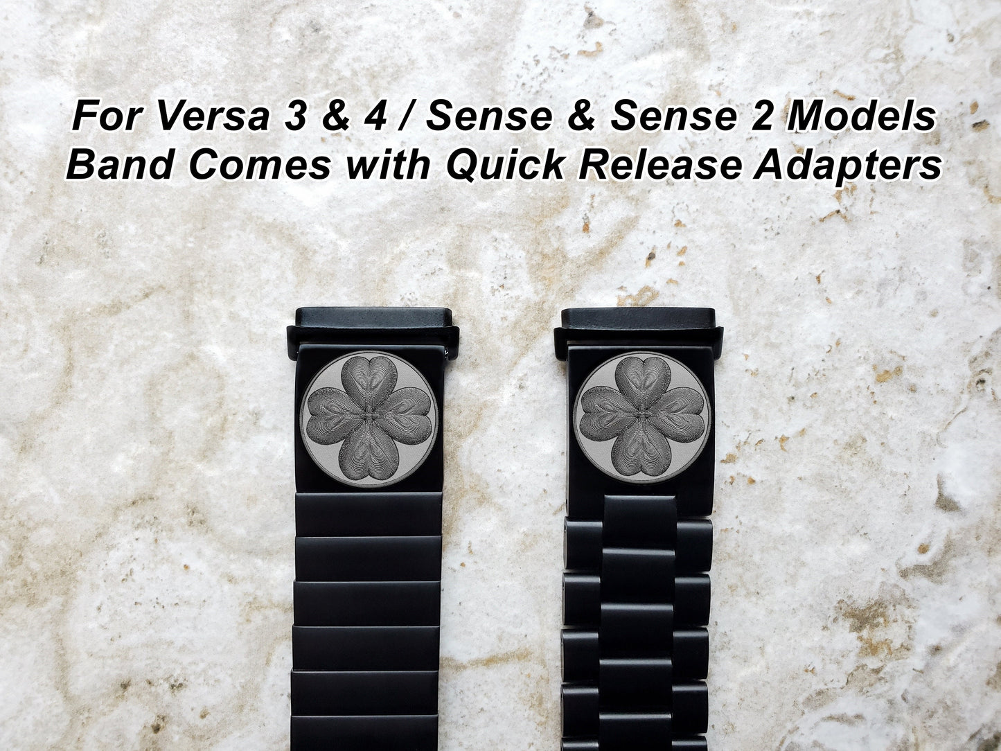 Four Leaf Clover Engraved Watch Band Compatible with Fitbit Versa Lite 2 3 4 and Sense 1 2 Smartwatches Black St Steel Bracelet Strap SR1