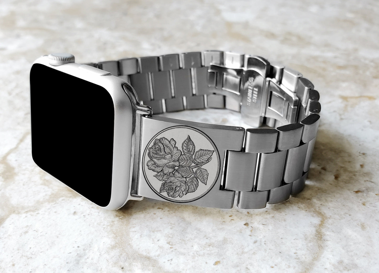Roses Floral Engraved Band Compatible with Apple Watch Ultra 2 9 8 7 SE 6 5 4 3 2 Case 38mm 40mm 41mm 42mm 44mm 45mm 49mm St Steel Strap RS1
