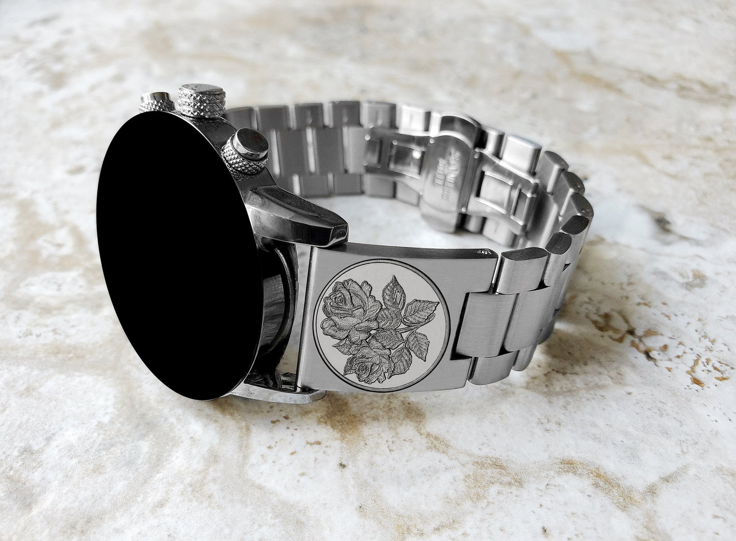 Roses Floral Engraved Band Compatible with Samsung Galaxy Watch 3 45mm 46mm Gear S3 Frontier and Classic St Steel Bracelet Strap RS1 -B22