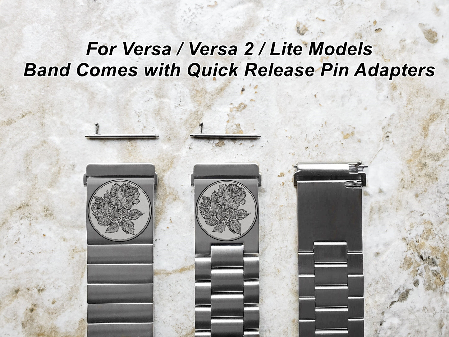 Roses Floral Engraved Watch Band Compatible with Fitbit Versa Lite 2 3 4 and Sense 1 2 Smartwatches Silver St Steel Bracelet Strap RS1