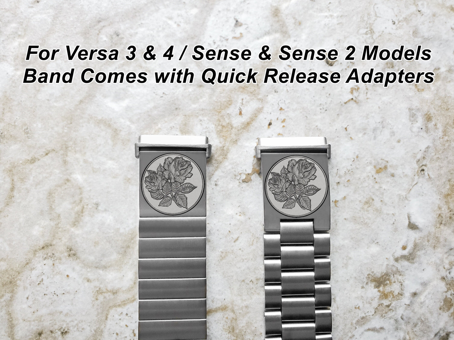 Roses Floral Engraved Watch Band Compatible with Fitbit Versa Lite 2 3 4 and Sense 1 2 Smartwatches Silver St Steel Bracelet Strap RS1