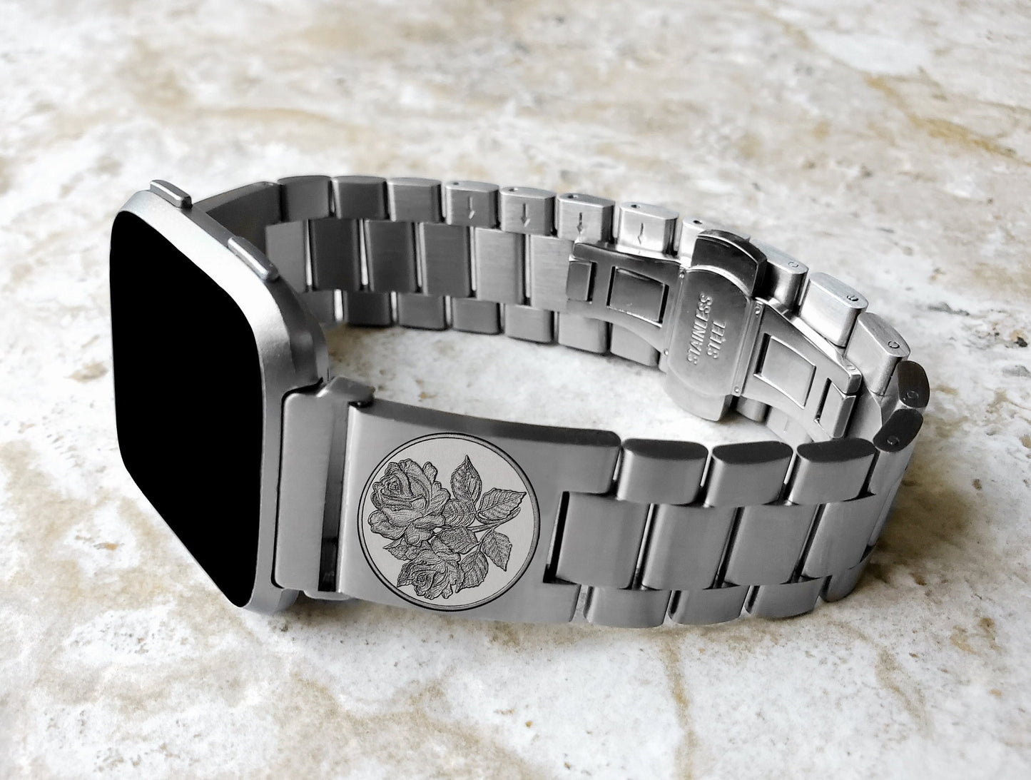 Roses Floral Engraved Watch Band Compatible with Fitbit Versa Lite 2 3 4 and Sense 1 2 Smartwatches Silver St Steel Bracelet Strap RS1
