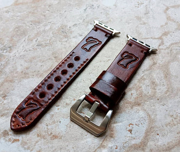 Apple Watch Band for iWatch Ultra 2 and 9 8 Series Case 41mm 45mm 49mm Handmade Customizable Symbols Colors Leather Embossed Tooled Strap