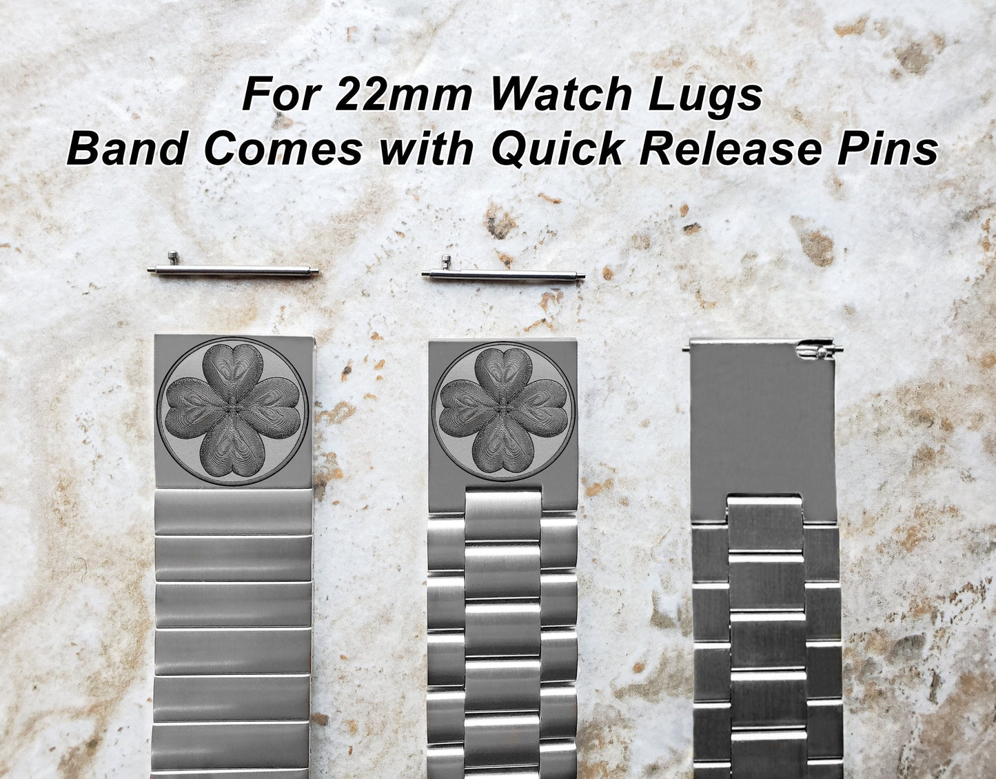Four Leaf Clover Engraved Band for 22mm 24mm 25mm Lugs Traditional Casual Luxury and Smartwatches Silver Color Stainless Steel Strap SR1