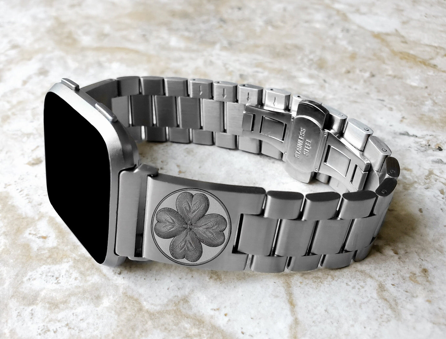 Four Leaf Clover Engraved Watch Band Compatible with Fitbit Versa Lite 2 3 4 and Sense 1 2 Smartwatches Silver St Steel Bracelet Strap SR1