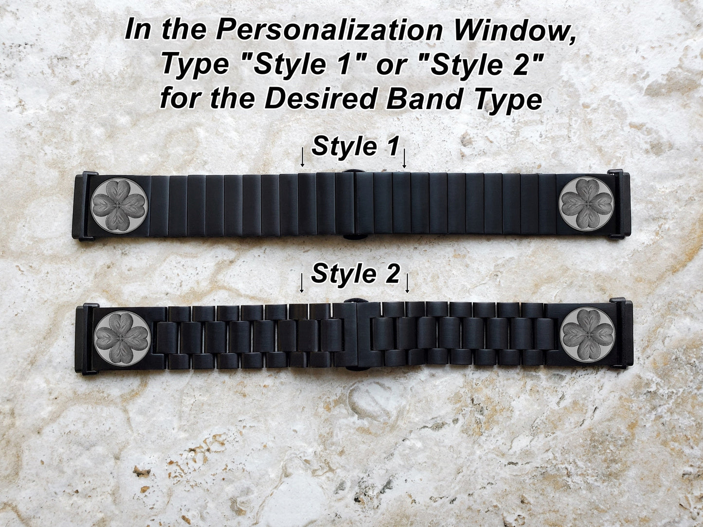 Four Leaf Clover Engraved Watch Band Compatible with Fitbit Versa Lite 2 3 4 and Sense 1 2 Smartwatches Black St Steel Bracelet Strap SR1