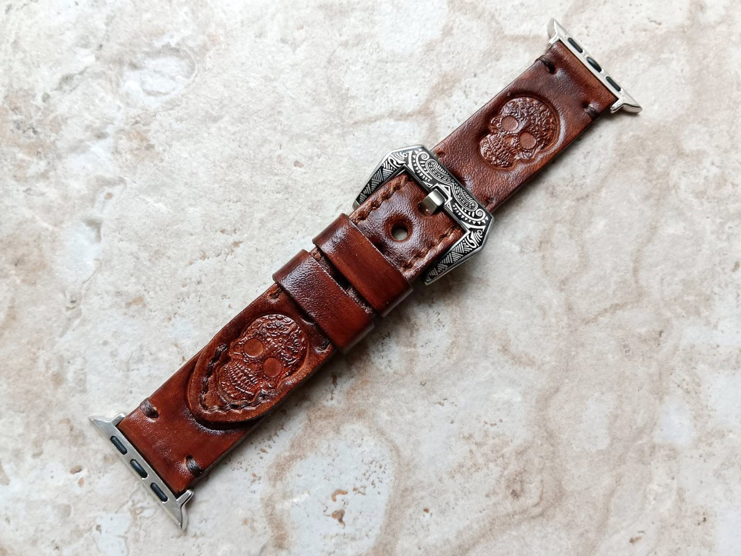 Apple Watch Band Skull for iWatch All Series 38mm 40mm 41mm 42mm 44mm 45mm 49mm Tooled Embossed Handmade Brown Real Leather Strap Bracelet