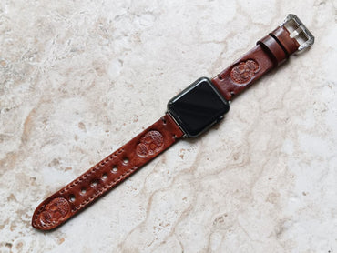 Apple Watch Band Skull for iWatch All Series 38mm 40mm 41mm 42mm 44mm 45mm 49mm Tooled Embossed Handmade Brown Real Leather Strap Bracelet
