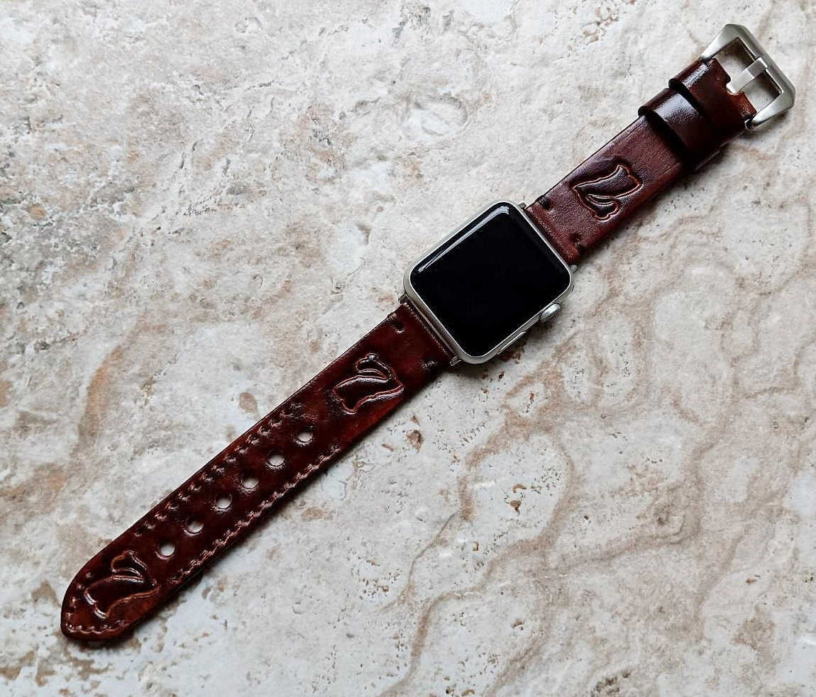 Apple Watch Band for iWatch Ultra 2 and 9 8 Series Case 41mm 45mm 49mm Handmade Customizable Symbols Colors Leather Embossed Tooled Strap