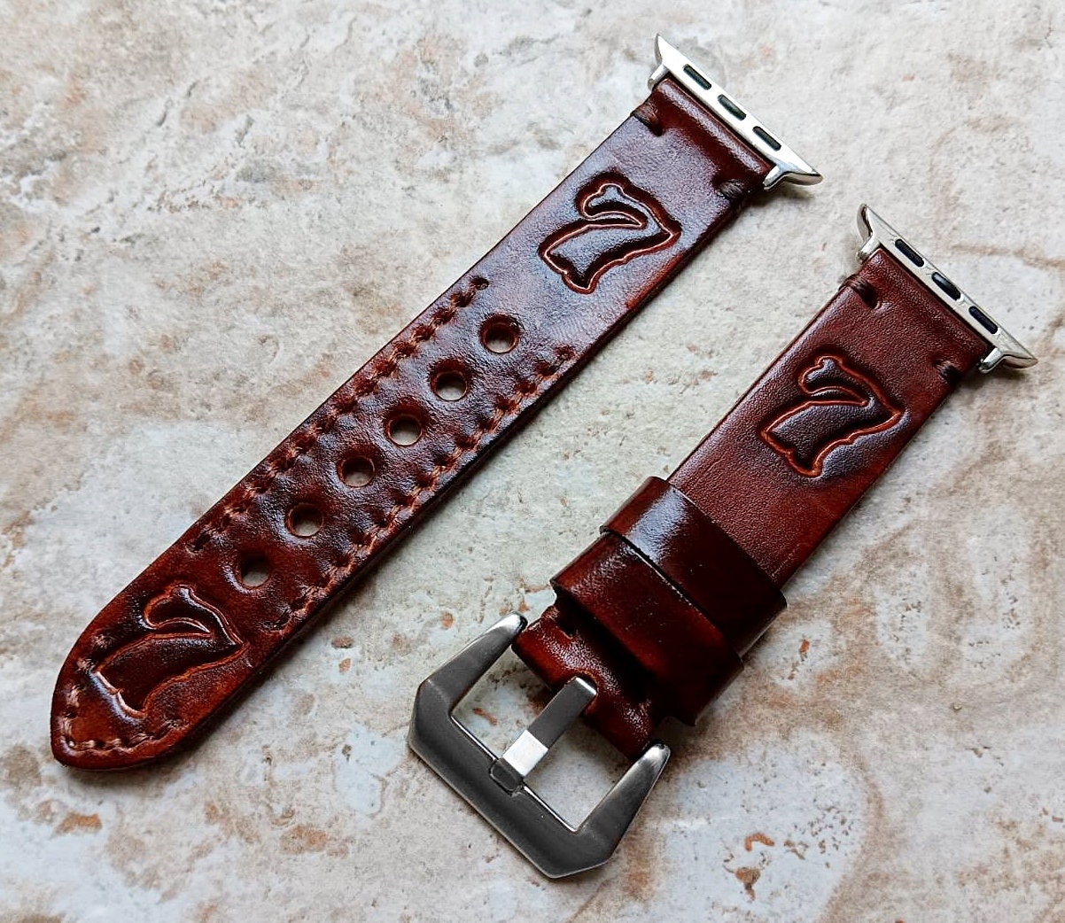 Apple Watch Band for iWatch Ultra 2 and 9 8 Series Case 41mm 45mm 49mm Handmade Customizable Symbols Colors Leather Embossed Tooled Strap
