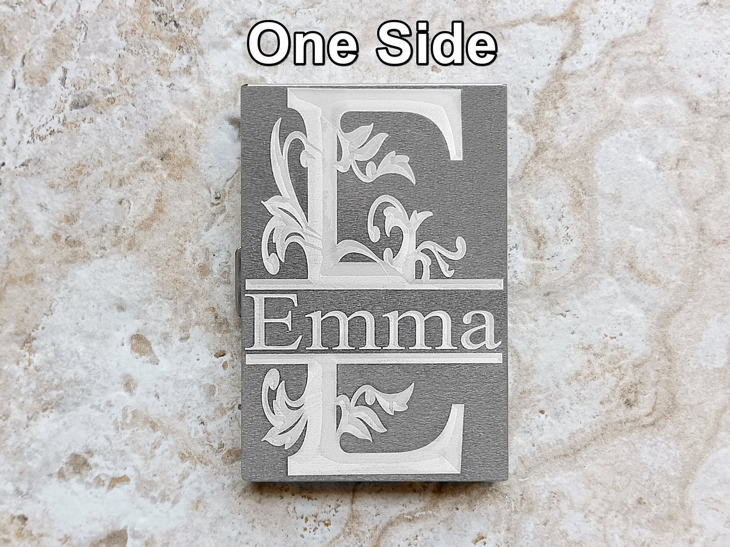 View of Engraved Stainless Steel Credit Card Holder Regal Split Monogram Text