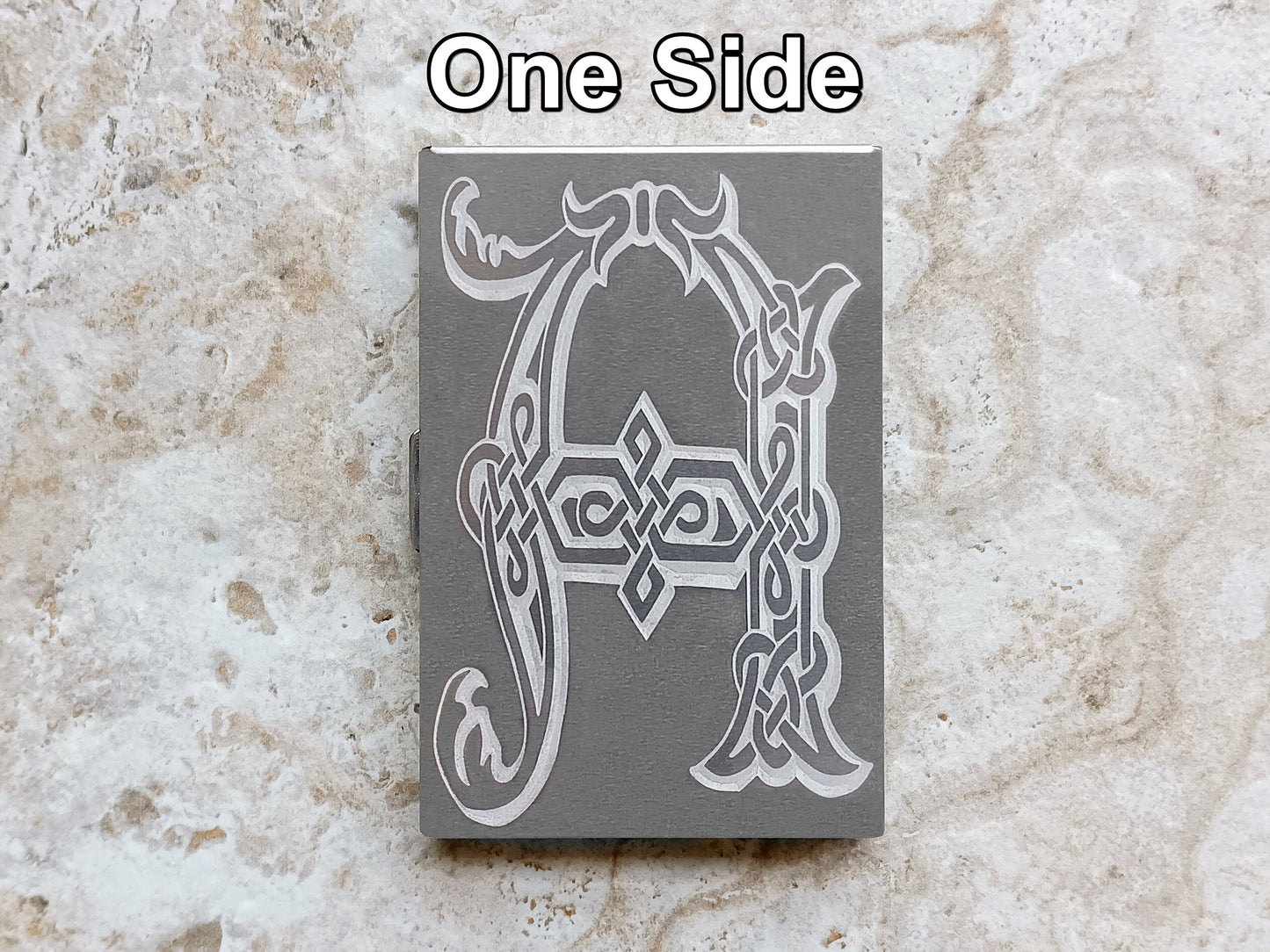 View of Engraved Stainless Steel Credit Card Holder Celtic Text