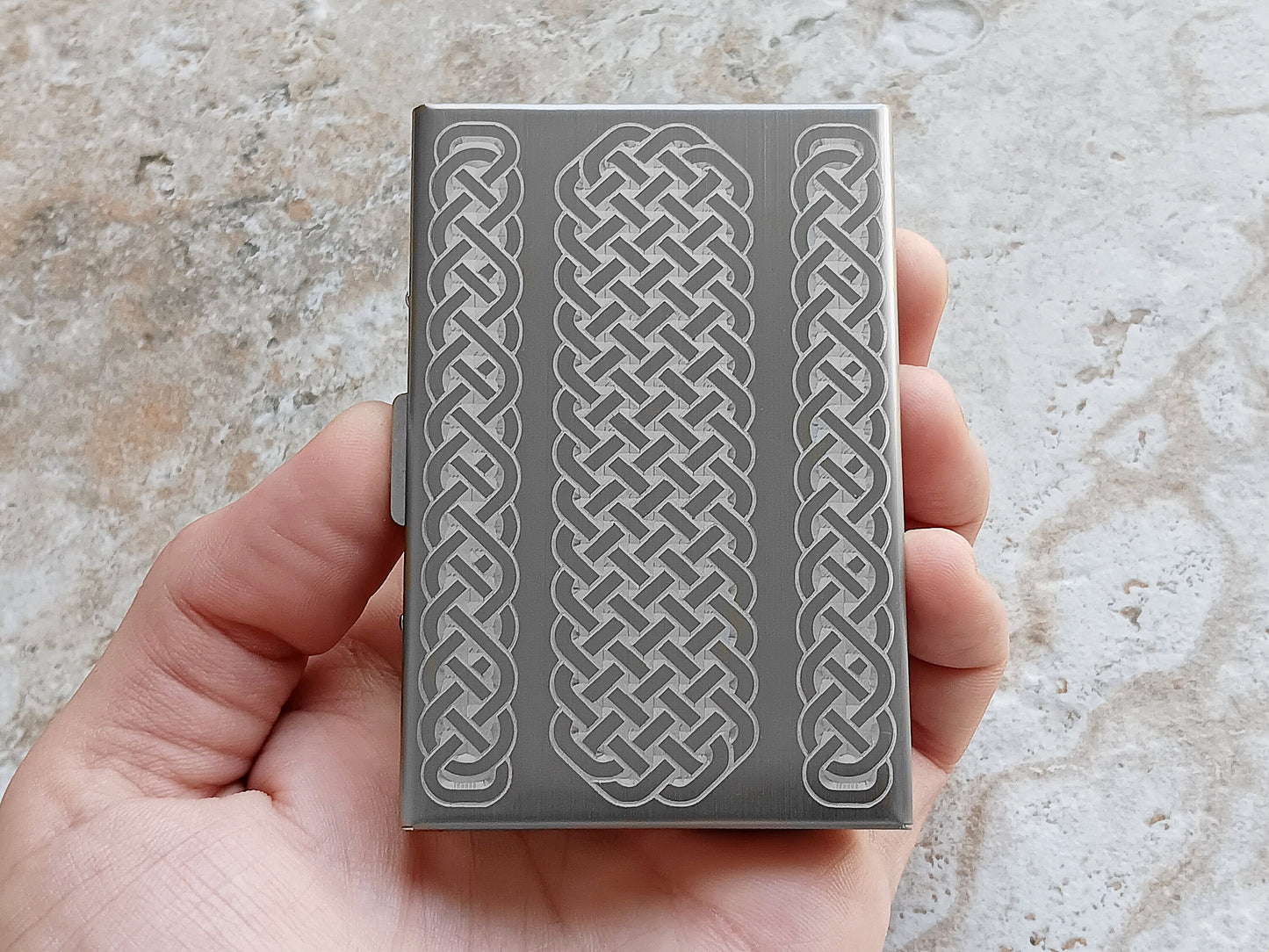 Braided Celtic Symbol on back of Stainless Steel Credit Card Case