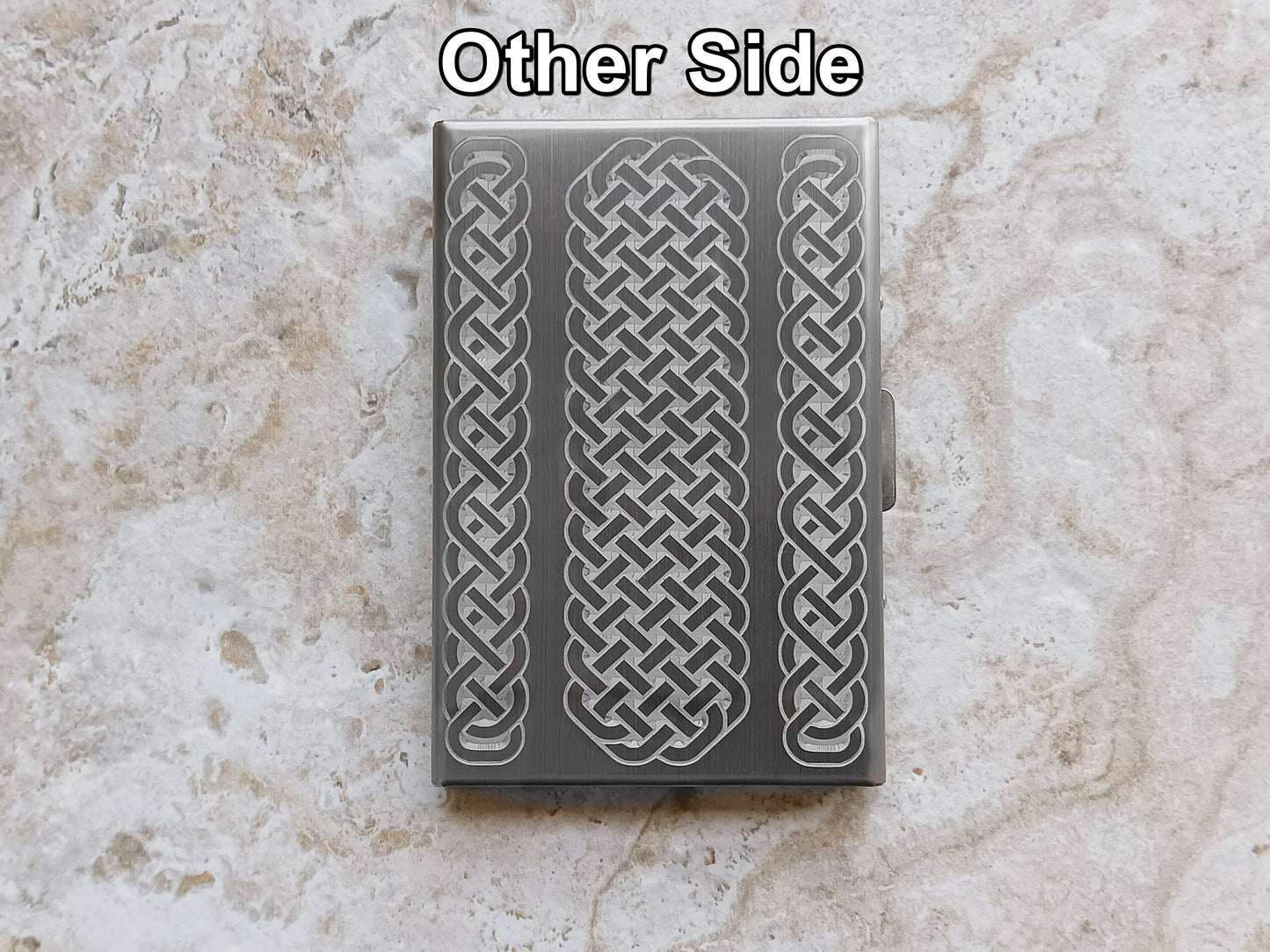 View of Engraved Stainless Steel Credit Card Holder Celtic Braided Design