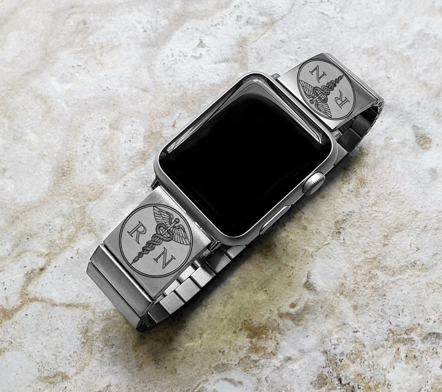 Apple Watch Band Registered Nurse Caduceus Medical Symbol for Ultra 2 49mm 9 8 Series 41mm 45mm Silver St Steel Tooled Strap Bracelet RN1