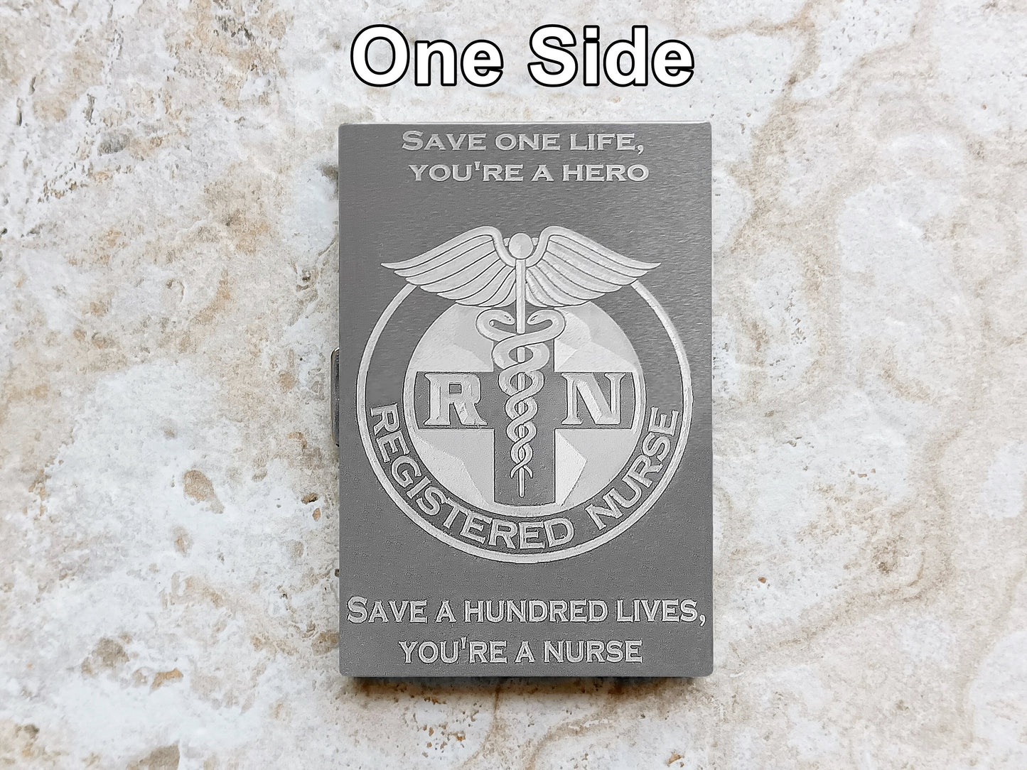 Registered Nurse Custom Engraved St Steel RFID Block Credit Debit Card Holder Wallet Release Button Metal Case Regal Split Monogram Text