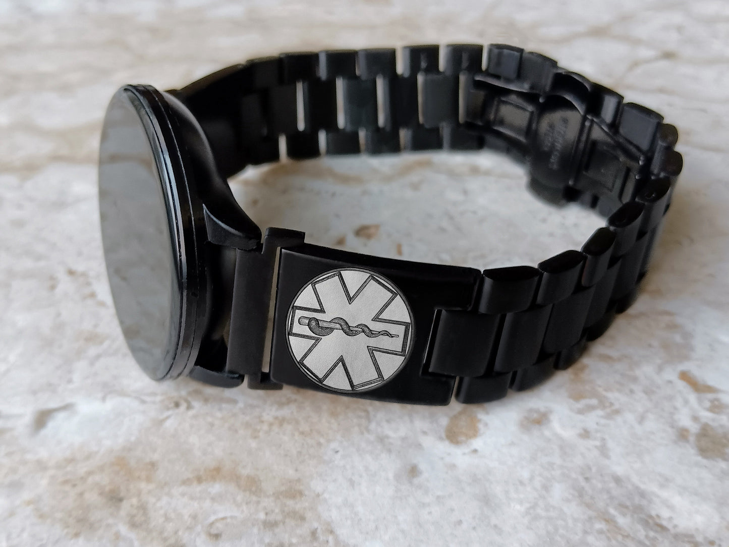 Google Pixel Watch 3 2 1 41mm Engraved Medical Symbol Watch Band Stainless Steel Tooled Black Color Bracelet Strap MS2 -A20
