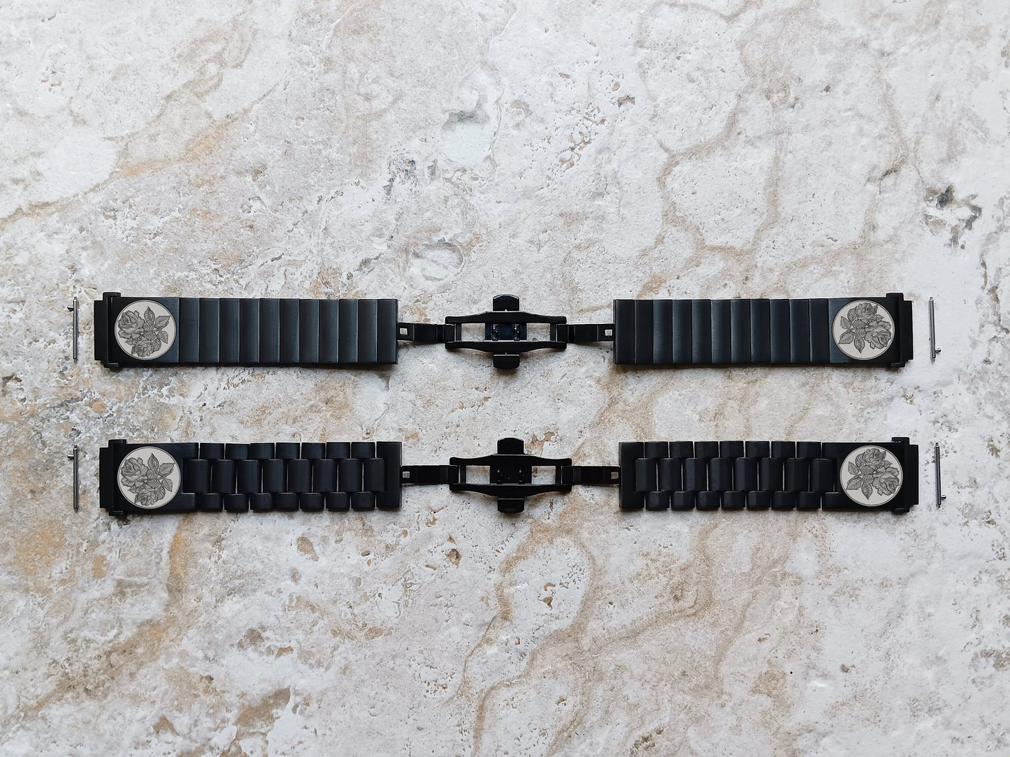 Samsung Engraved Roses Floral Band for Watch 7 6 5 4 Classic Watch 3 Active2 40mm 41 42 43 44mm 45mm 46mm 47mm St Steel Black Strap RS1 -A20