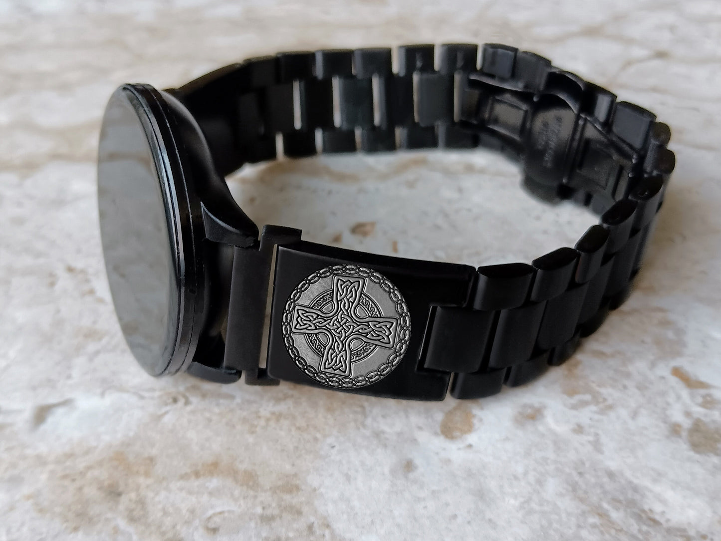 Google Pixel Watch 3 2 1 41mm Engraved Celtic Cross Watch Band Stainless Steel Tooled Black Color Bracelet Strap CC2 -A20