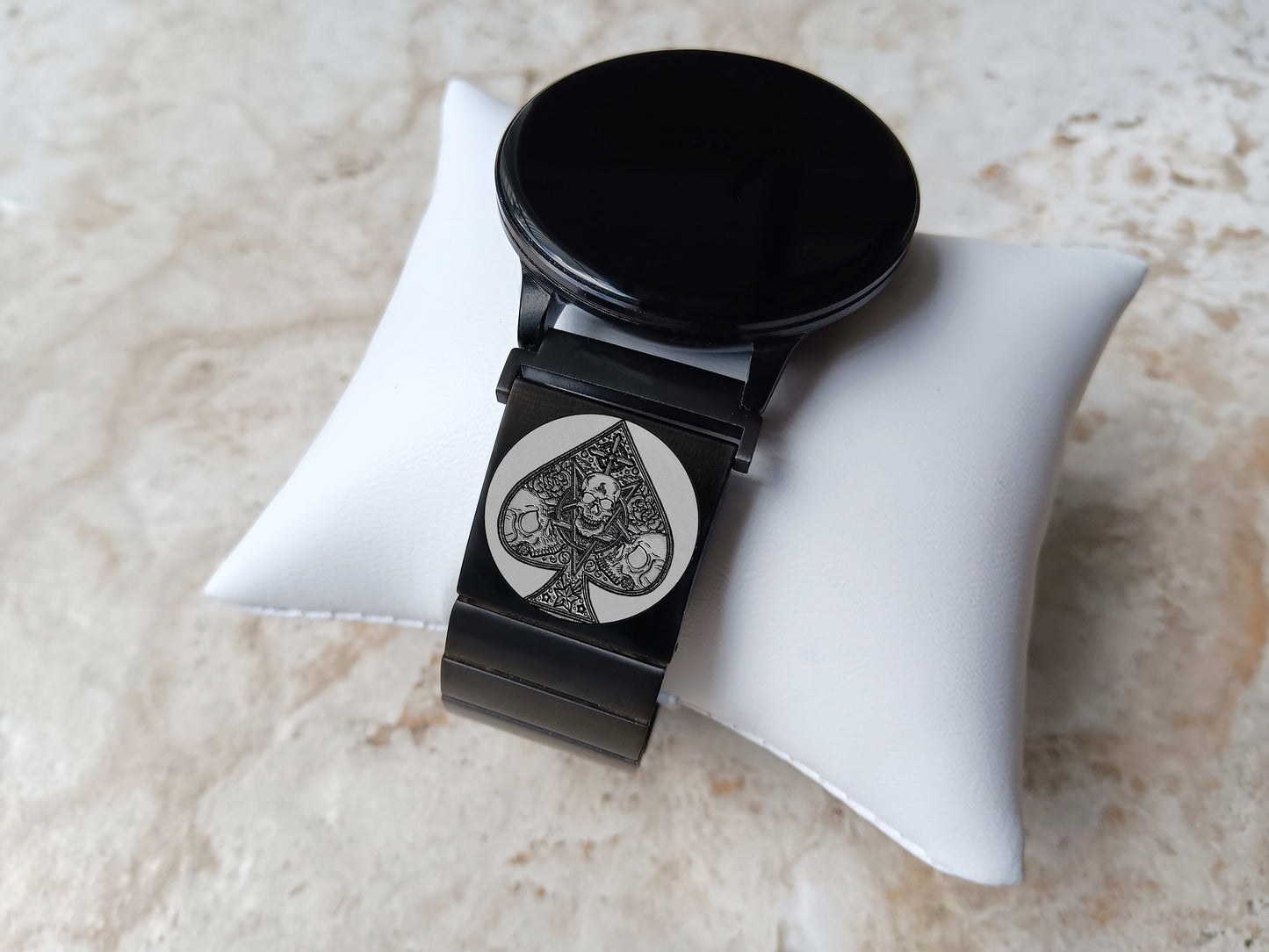 Google Pixel Watch 3 2 1 41mm Engraved Ace of Spades Watch Band Stainless Steel Tooled Black Color Bracelet Strap AS2 -A20