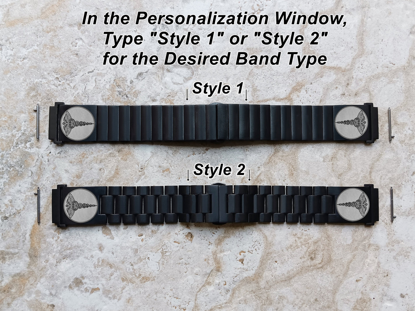 Samsung Engraved Caduceus Symbol Band for Watch 7 6 5 4 Classic Watch 3 Active2 40mm 41 42 43 44 45 46mm 47mm St Steel Black Strap MS1 -A20